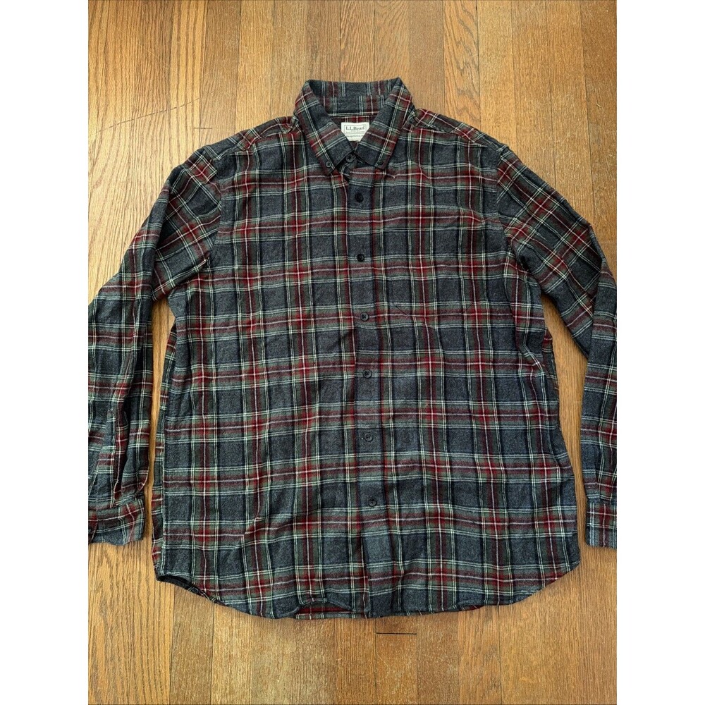 VINTAGE LL Bean Shirt Mens XL Gray Red Scotch Plaid Flannel Casual